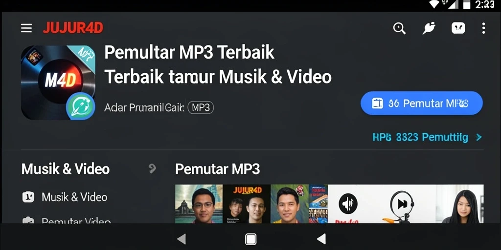 Antarmuka JUJUR4D menampilkan pemutar MP3 yang sederhana dan elegan.